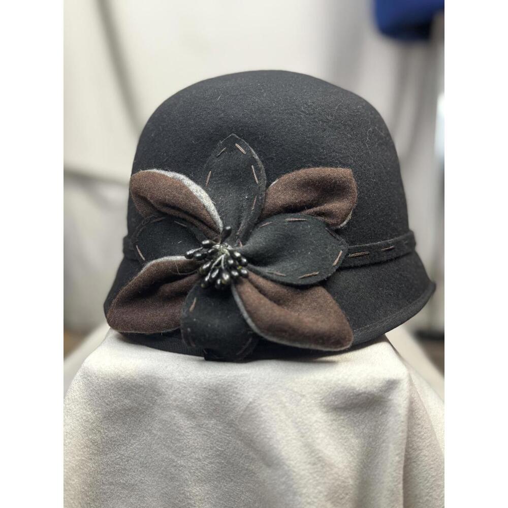 scala wool cloche hat black flower vintage‎ inspired flapper style hat